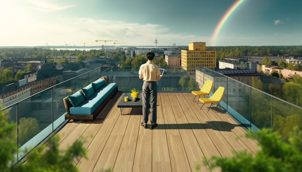 Mies katsoo kattoterassilla kaupunkimaisemaa, tivaalla näkyy myös sateenkaari.