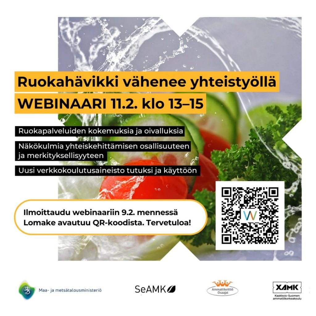 Ruokahävikki vähenee yhteistyöllä -webinaarin info ja QR-koodi ilmoittautumislomakkeeseen.