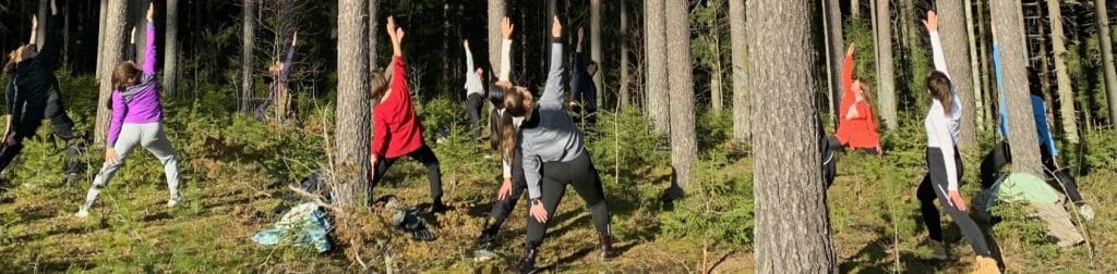 Ihmisiä metsässä jooga-asennossa.