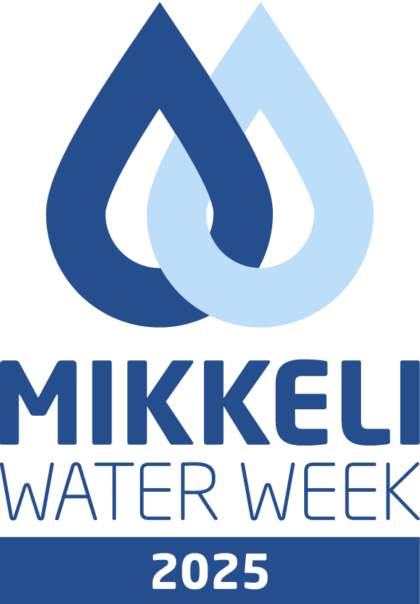 Kaksi eri sinisen sävyistä vesipisaraa kuvakkeena. Alla teksti Mikkeli Water Week ja vuosiluku 2025