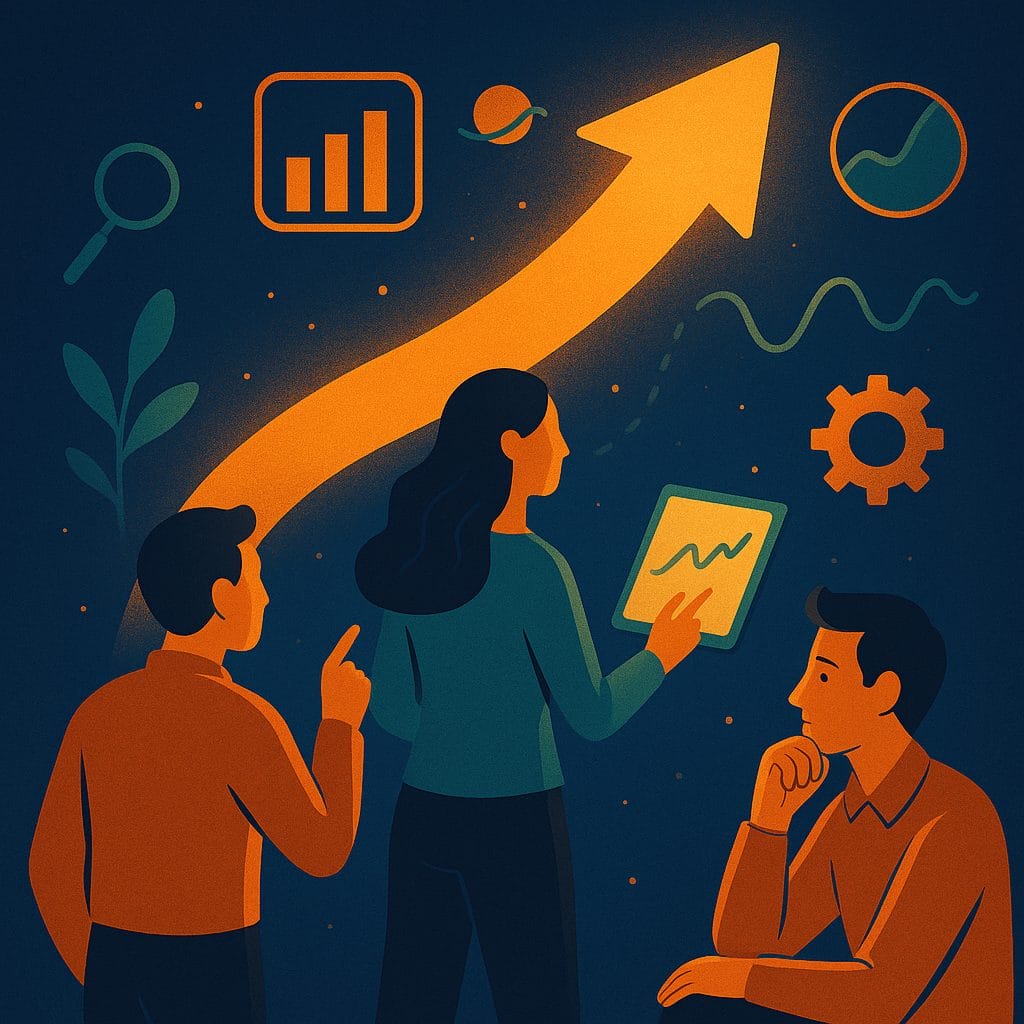 Tekoälyn tuottama kuvituskuva, jossa kolme henkilöä pohtivat tulevaisuusilmiöitä.