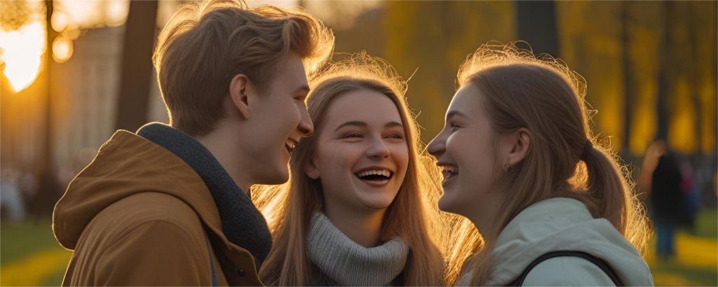 Kolme iloista nuorta on tiiviissä vuorovaikutuksessa keskenään.