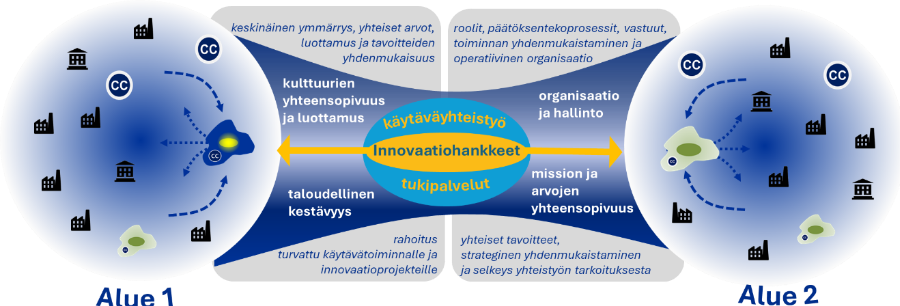 Kuvassa esitetään Innovaatiosilta kahden alueen välillä. Vasemmalla on Alue 1 ja oikealla Alue 2. Molemmissa alueissa toimii yrityksiä ja kehityskeskuksia. Innovaatiosilta yhdistää kahden alueen yritykset, kehityskeskukset ja TKI-palvelut, mahdollistaen luottamukseen, hallintoon ja kestävyyteen perustuvan yhteistyön.