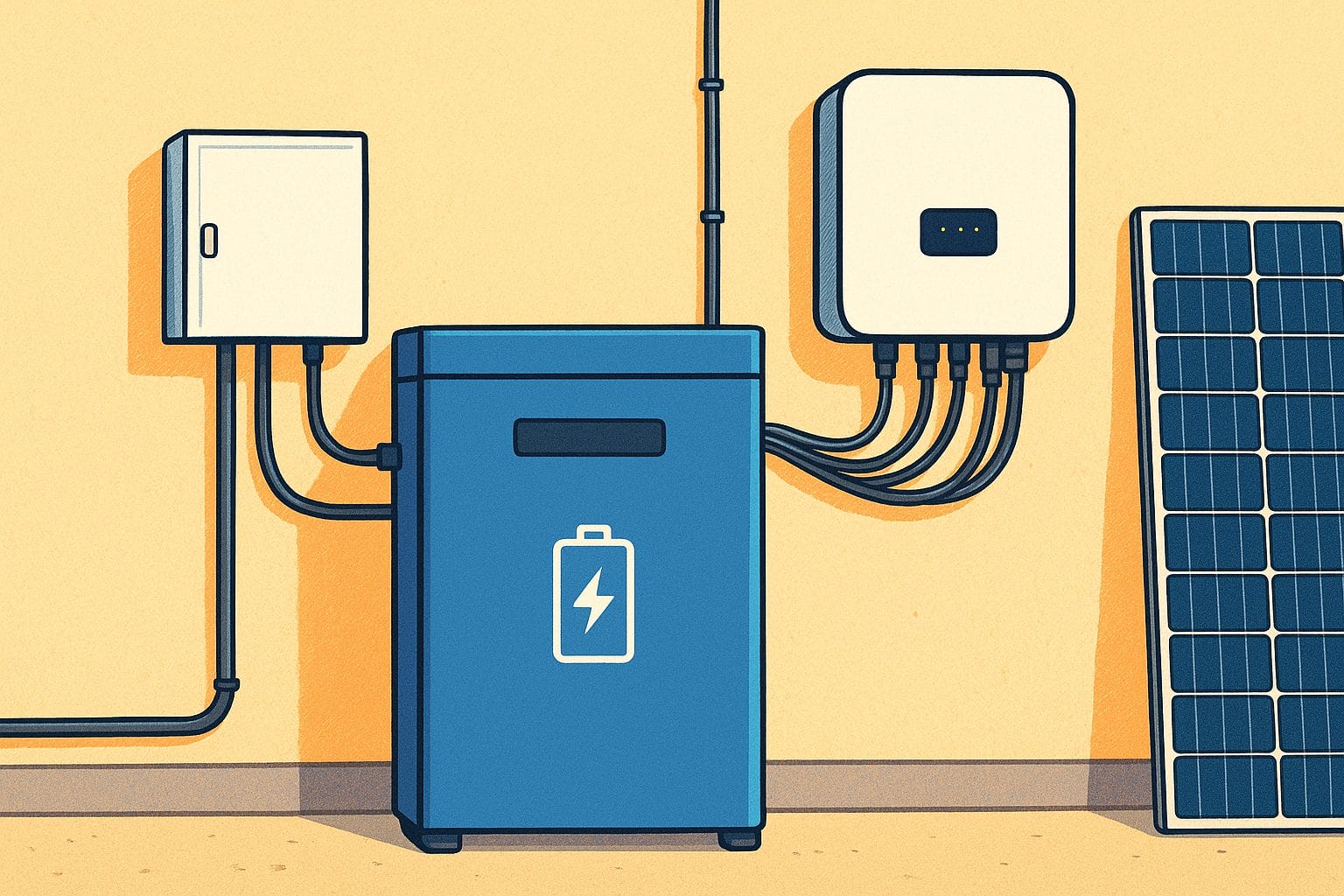 Kuvassa akku, invertteri ja aurinkopaneeli