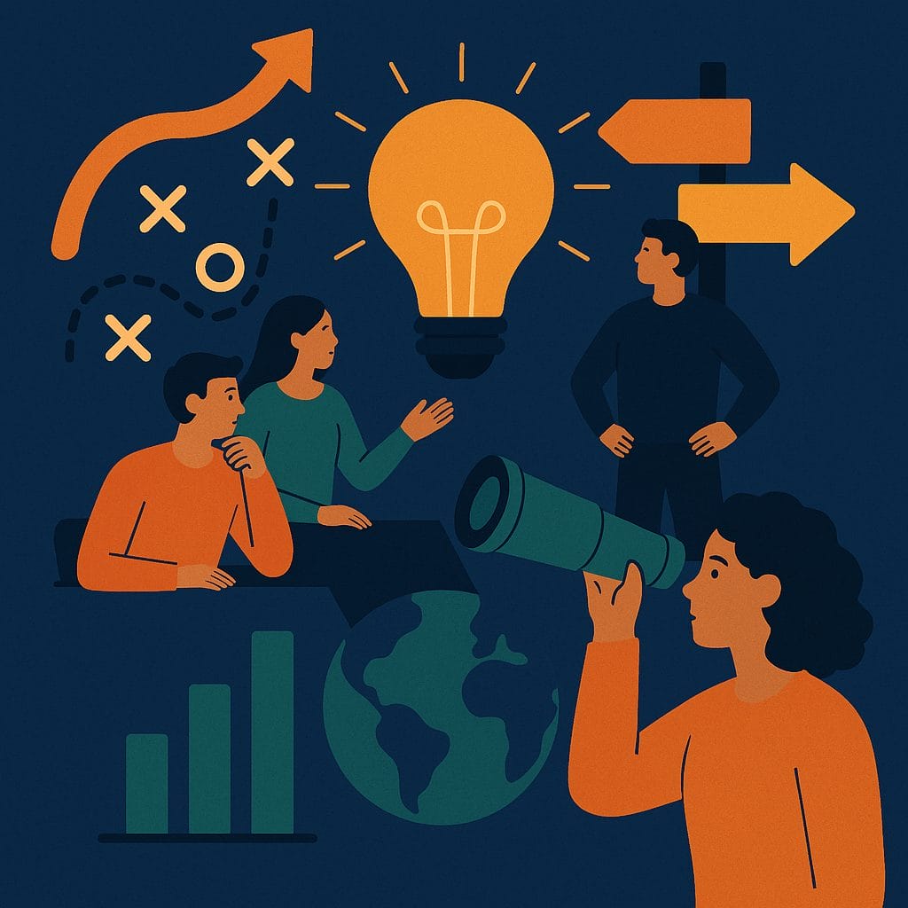 Kuvitus kuva, jolla esitetään tulevaisuussuuntautunutta ajattelua. Kuvassa neljä piirettyä henkilöhahmoa, nuolia ja valopolttimo.