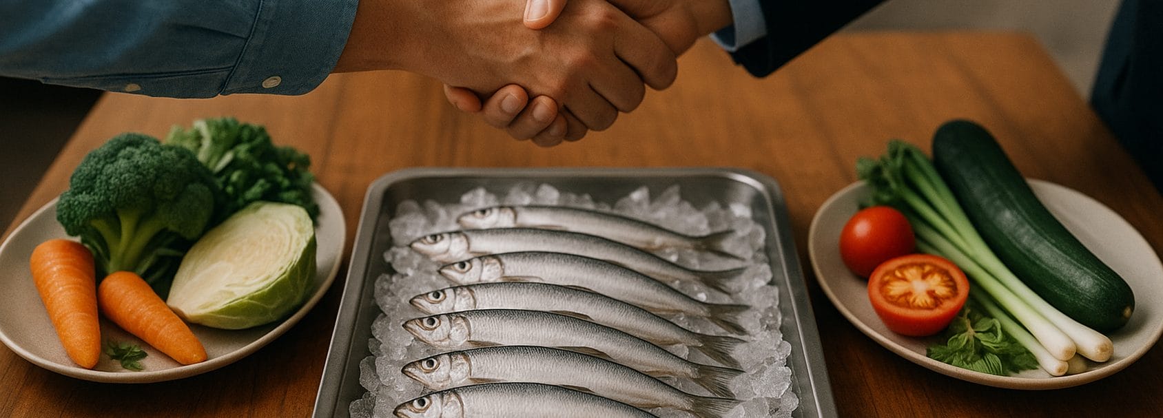 kaksi ihmistä kättekee. Kuvassa myös kalaa sekä kasviksia.
