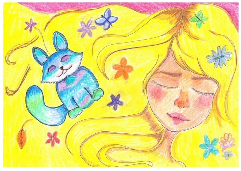 Piirroskuva. Nuori, pitkät vaaleat hiukset ja kani. Levollisesti silmät suljettuina.