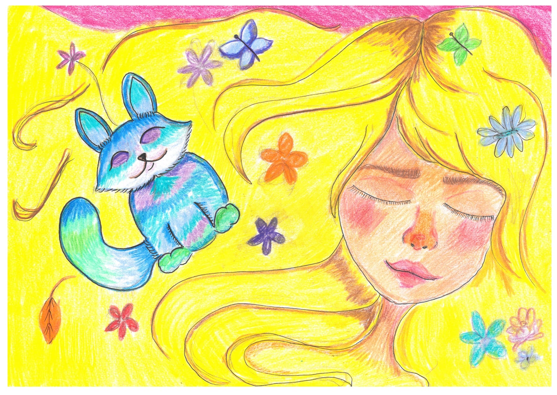 Piirroskuva. Nuori, pitkät vaaleat hiukset ja kani. Levollisesti silmät suljettuina.