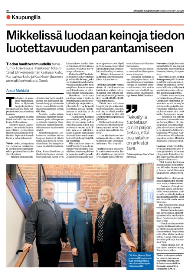 Mikkelin kaupunkilehti 14.1.2026 uutinen Tiedon huoltovarmuudella turvatumpi tulevaisuus -hankkeesta