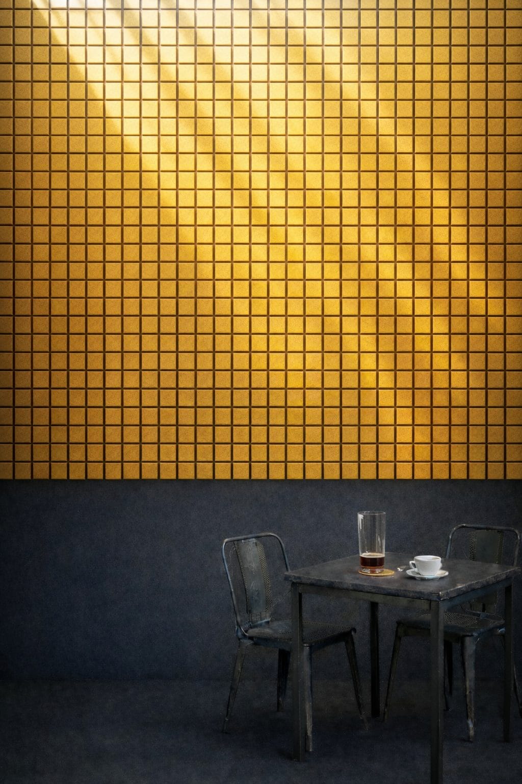 Keltainen seinä, johon tulee valonsäteitä. Pöytä ja tuoleja.