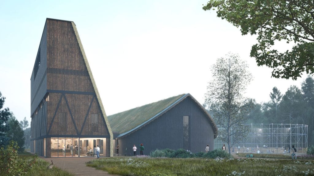 Arkkitehtitoimiston havainnekuva tummasta korkeahkosta rakennuksesta.