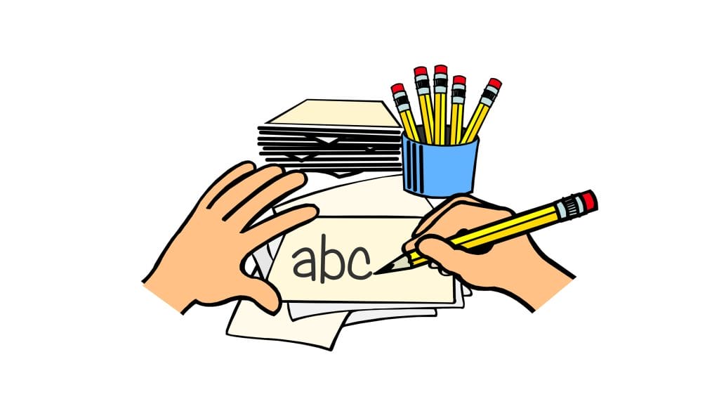 Piirroskuva. Kädet kirjoittamassa paperille. Kyniä purkissa. Teksti abc.