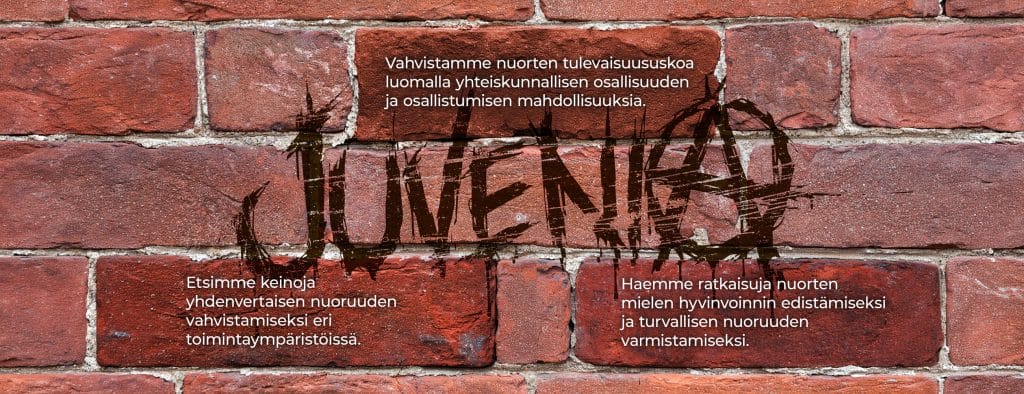 Kaaviokuva. Tiiliseinä. Juvenia-graffiti. Vahvistamme nuorten tulevaisuususkoa luomalla yhteiskunnallisen osallisuuden ja osallistumisen mahdollisuuksia. Etsimme keinoja yhdenvertaisen nuoruuden vahvistamiseksi eri toimintaympäristöissä. Haemme ratkaisuja nuorten mielen hyvinvoinnin edistämiseksi ja turvallisen nuoruuden varmistamiseksi.