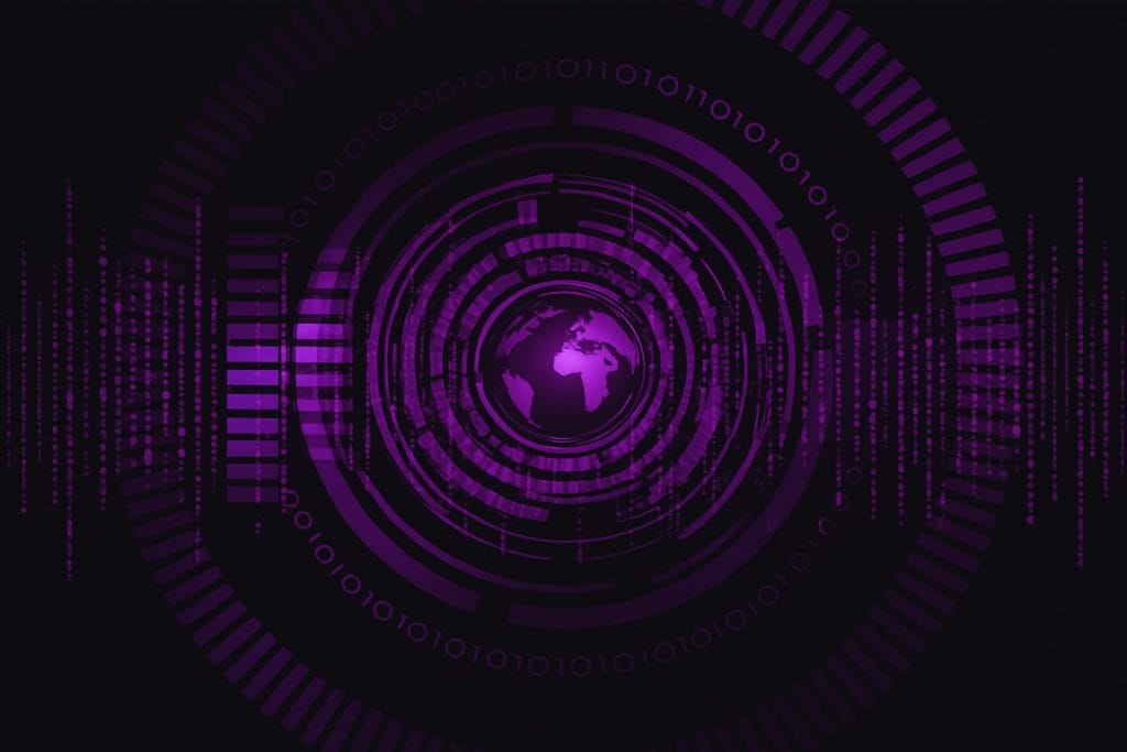 Kuvituskuva. Violetinsävyinen, jossa maapallo keskellä.