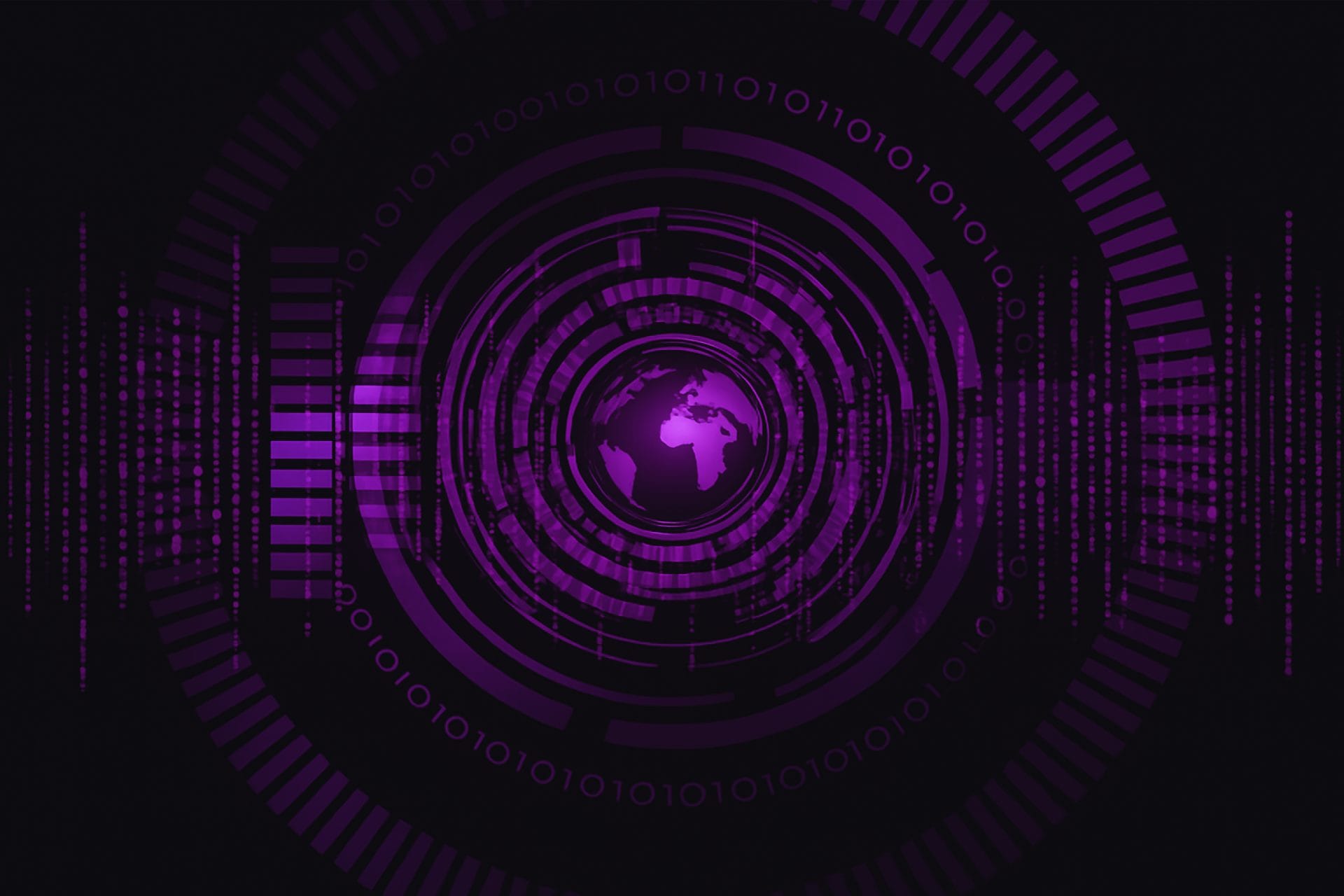 Kuvituskuva. Violetinsävyinen, jossa maapallo keskellä.