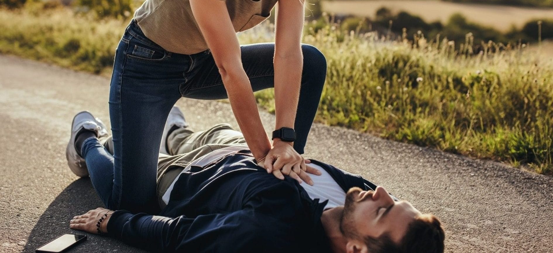 Nainen antaa painelyelvytystä maantiellä makaavalle miehelle.