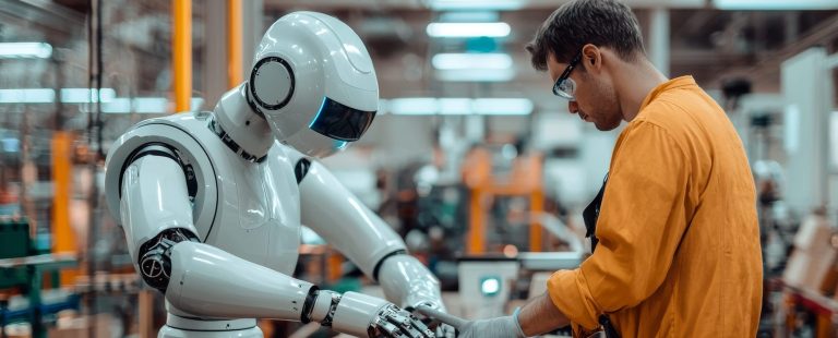 Humanoidi ja ihminen työskentelevät vastakkain tehdasympäristössä