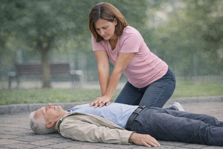 Nainen elvyttää elotonta miestä