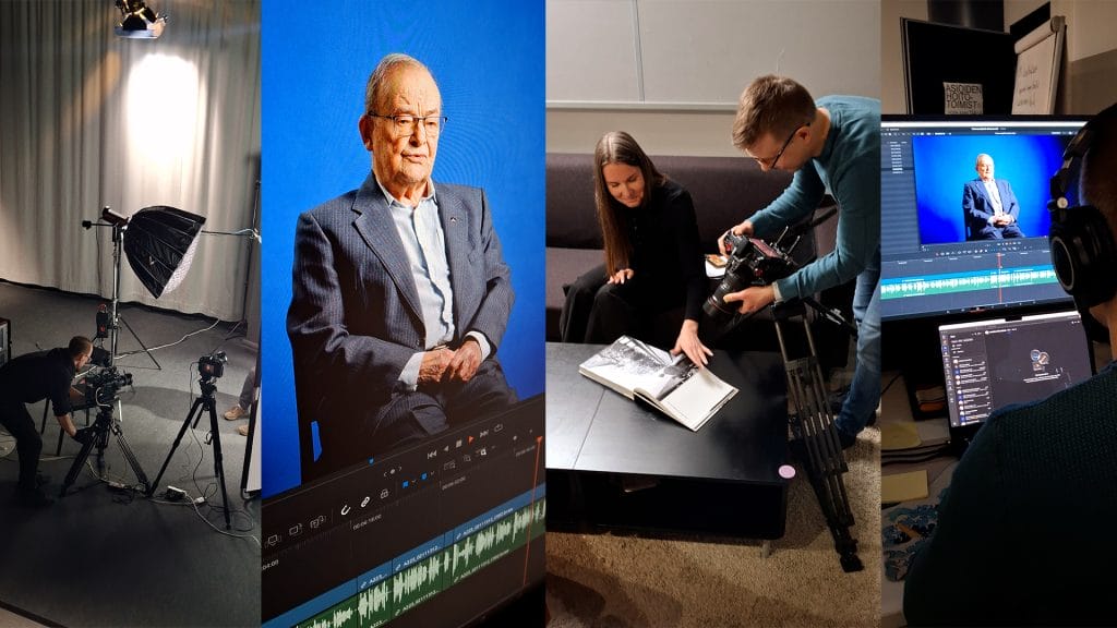 Kollaasi Darcmedian videotuotannosta Mikkelin kaupungille, Darcmedian asiantuntijat kuvaavat Mikkelin studiolla ja leikkaavat videomateriaalia.