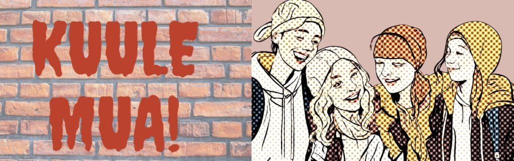 Tiiliseinää vasten teksti "Kuule mua!" Kuvassa sarjakuvamaisia nuoria vuorovaikutuksessa keskenään.