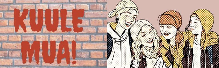 Tiiliseinää vasten teksti "Kuule mua!" Kuvassa sarjakuvamaisia nuoria vuorovaikutuksessa keskenään.