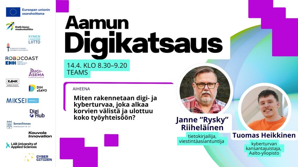 Aamun Digikatsaus mainosmateriaali, jossa puhujiem kuvat ja logoja