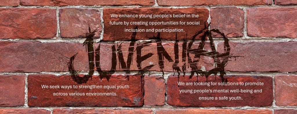 Brick wall. Text "Juvenia" in the midlle as graffiti style. Also includes three seperate text: "We enhance young people's belief in the future by creating opportunities for social inclusion and participation.", "We seek ways to strengthen equal youth across various environments." and "We are looking for solutions to promote young people's mental well-being and ensure a safe youth.".