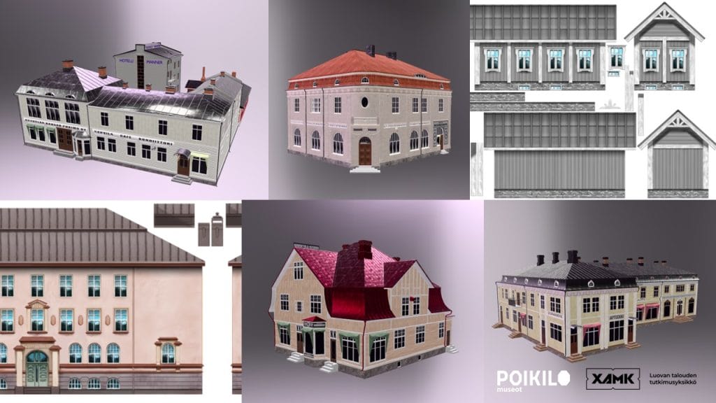 Kuvia 3D-mallinnetuista ja 2D-kuvituksia vanhoista kouvolalaisista rakennuksista
