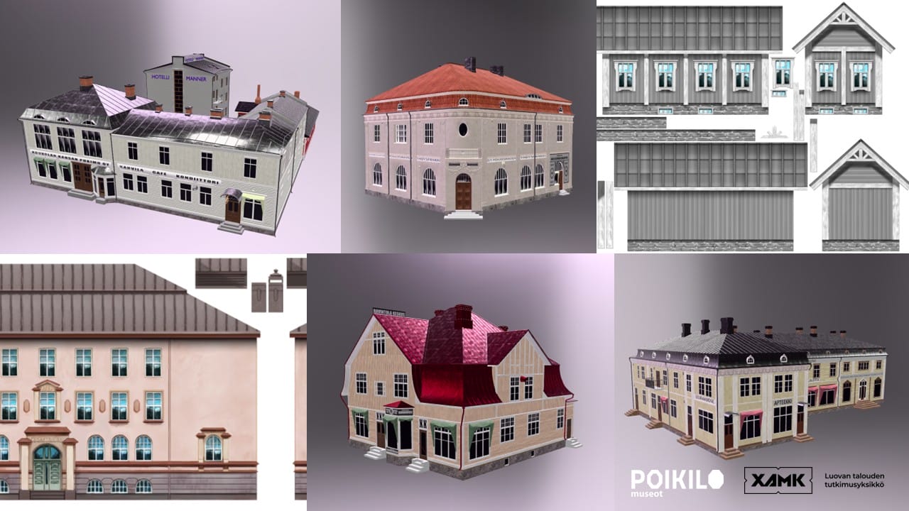 Kuvia 3D-mallinnetuista ja 2D-kuvituksia vanhoista kouvolalaisista rakennuksista
