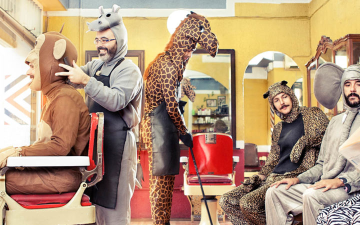 Työnhaun performanssi -hankkeen markkinointikuvassa eläimiksi pukeutuneet ihmiset poseeraavat hauskasti kampaamoympäristössä värikkäässä kuvassa.
