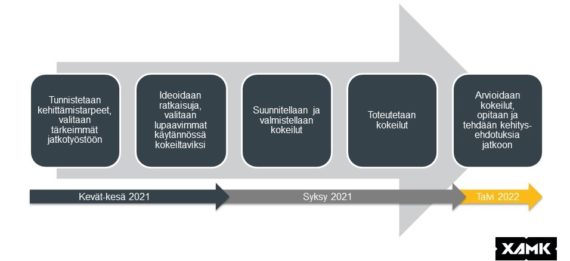 Kuvassa on kaavio Ikäruoka-kehittämisyhteistyön prosessista Etelä-Savon pilottialueilla Juvalla ja Mäntyharjussa. Kevätkaudella 2021 tunnistetaan alueellisia kehittämistarpeita ja valitaan niistä tärkeimmät jatkotyöstöön. Sen jälkeen ideoidaan ratkaisuja ja valitaan niistä lupaavimmat käytännössä kokeiltaviksi. Syyskaudella 2021 valmistellaan ja toteutetaan kokeilut. Talvella 2022 arvioidaan kokeilujen onnistumista ja tehdään kehitysehdotuksia jatkoa varten.