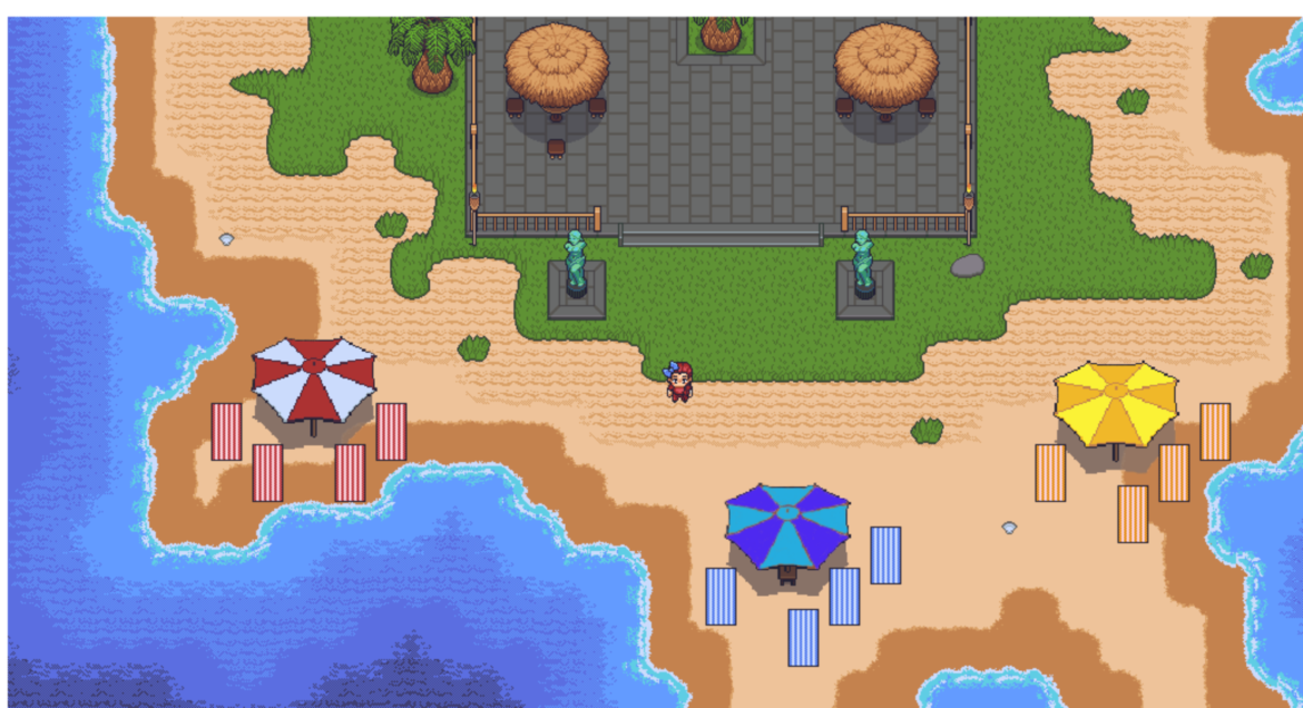 Kuvassa avatarhahmo seisoo saarella, joka on pikselitaiteen avulla tehty visualisointi. Saari on värikäs ja siellä on kolme eriväristä aurinkovarjoa hiekkarannalla.