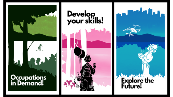 Occupations in demand maailma erottuu vihreällä teemavärillään, Develop your skills pinkkinä ja Explore the future sinisenä.