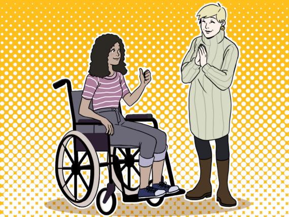 Paula Pitkälinjan polkuseikkailun kuvituskuva, jossa Paula näyttää ilahtuneelta pyörätuolissa olevan asiakkaan kanssa.